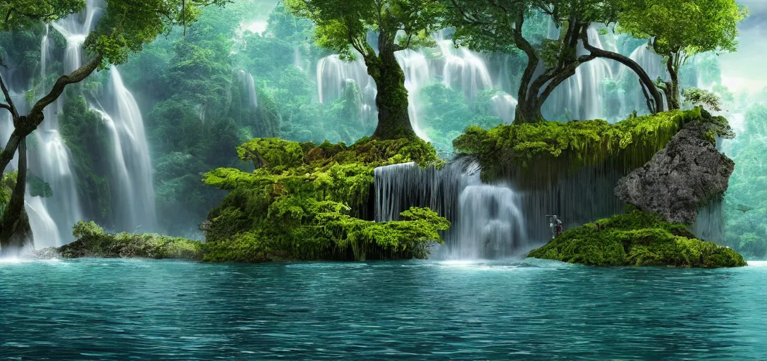 Prompt: a beautiful futurist forest island with waterfall floats in the air, matte painting, 4 k, details