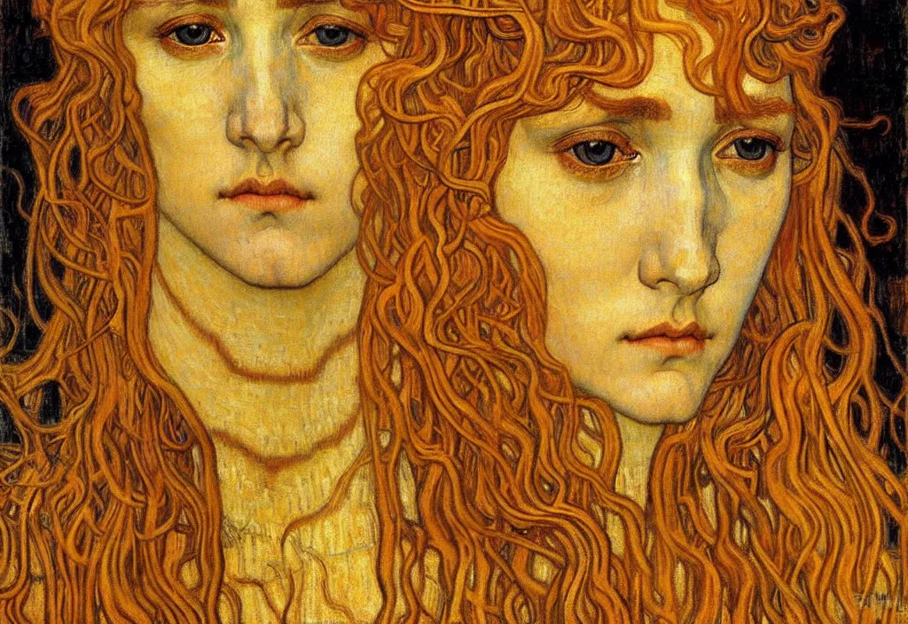 Image similar to detailed realistic beautiful young medieval queen face portrait by jean delville, gustav klimt and vincent van gogh, art nouveau, symbolist, visionary, gothic, pre - raphaelite, muted earthy colors, desaturated