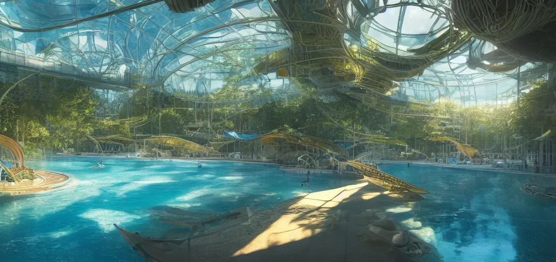 Image similar to view of a utopian solarpunk swimming complex, blue clear skies, waves, caustics, dappled light, cinematic lighting, ultra detailed, sharp, ambient occlusion, raytracing, 3 d artstation render by greg rutowski, finnian macmanus and jessica rossier