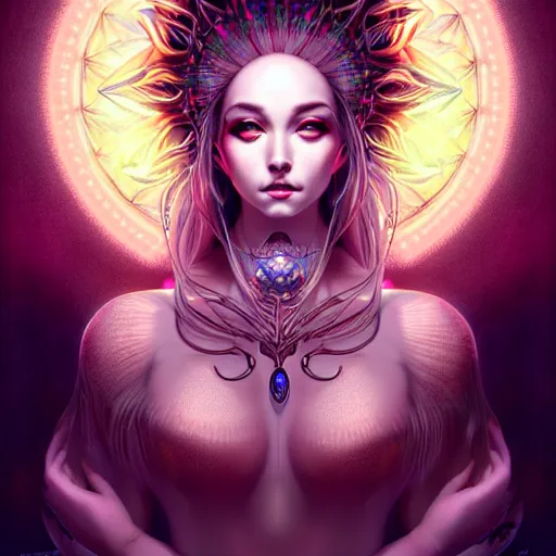 Image similar to a symmetrical portrait of a mystical feminine creature with glowing energies and particals, metal scales, surrounded by spirits, gloomy cinematic lighting, highly detailed, illustrated novel, by artgerm and miura