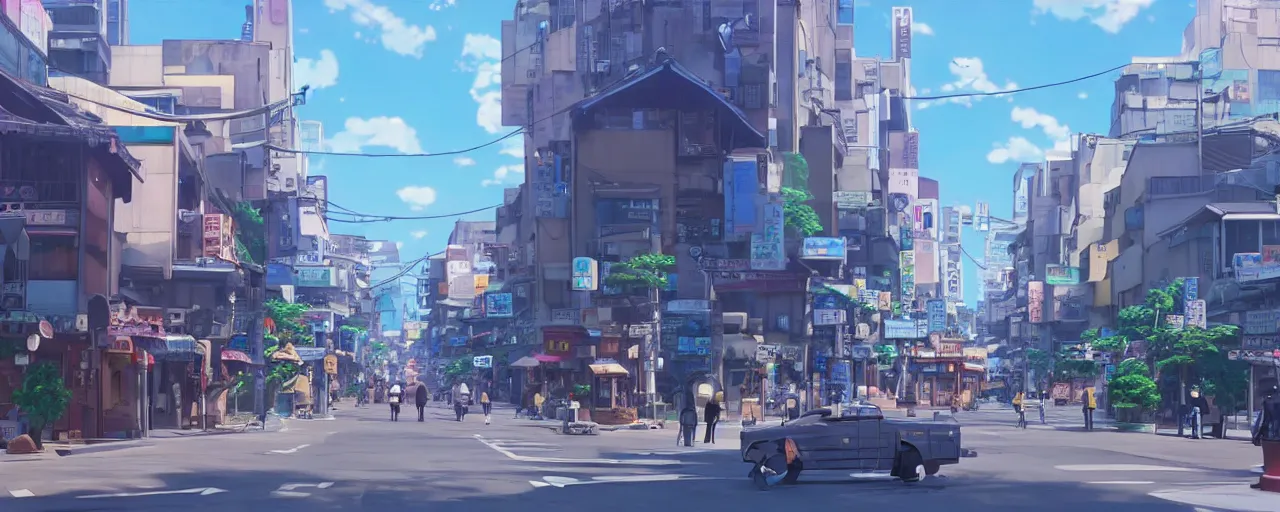 Image similar to A screenshot of the seoul city street in the scene in the Ghibli anime film Kimi no na wa, pretty rim highlights and specular