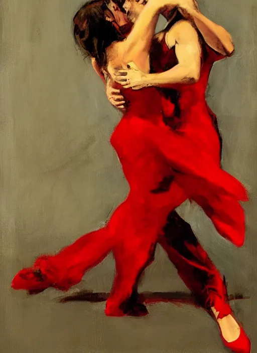 Image similar to tango dancer in red dress, painting by phil hale, fransico goya,'action lines '!!!, graphic style, visible brushstrokes, motion blur, blurry, visible paint texture, crisp hd image