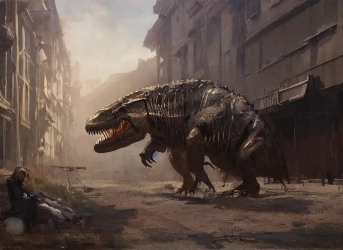 Image similar to oil painting of tyrannosaurus rex in dusty wild west street, art by anders zorn, wonderful masterpiece by greg rutkowski, beautiful cinematic light, american romanticism by greg manchess, jessica rossier