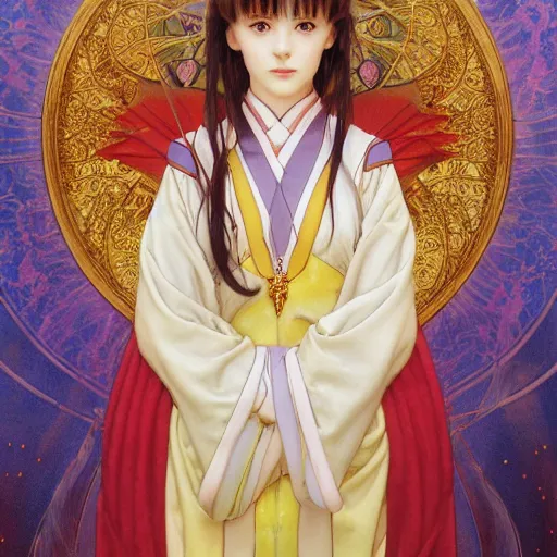 Image similar to Masterpiece portrait of a very young Sakura Kinomoto from Card Captor Sakura drawn by Donato Giancola and Tom Bagshaw, face by Artgerm and Edmund Leighton, Alphonse Mucha, background by James Jean and Gustav Klimt, 4k, french nouveau, trending on pixiv, octane render, hyperrealistic