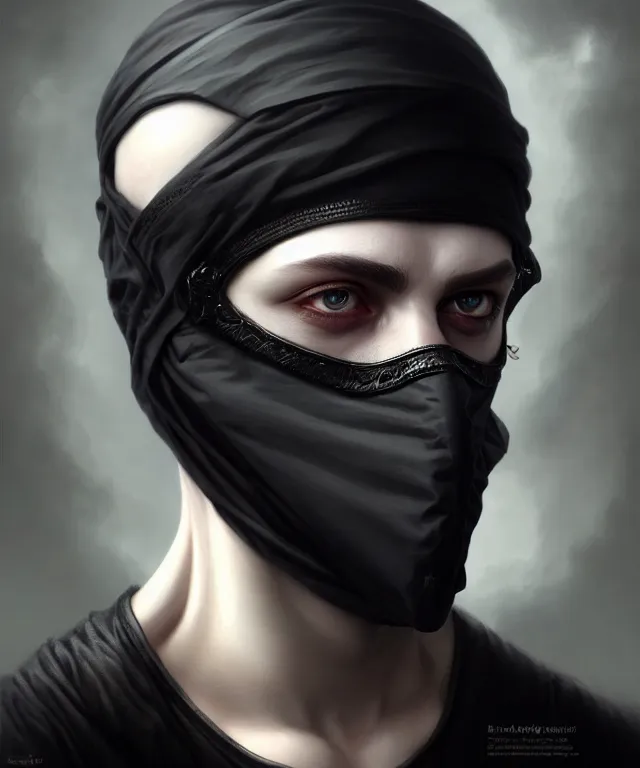 Image similar to white young man with black fabric mask, highly detailed face!!!, true anatomy!, extremely detailed!, digital painting, unreal engine 5, art by tom bagshaw