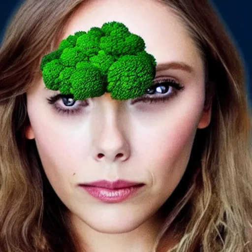 Image similar to elizabeth olsen with a [ head made of broccoli ]!!, trending on cgsociety, 4 k quality, intricate