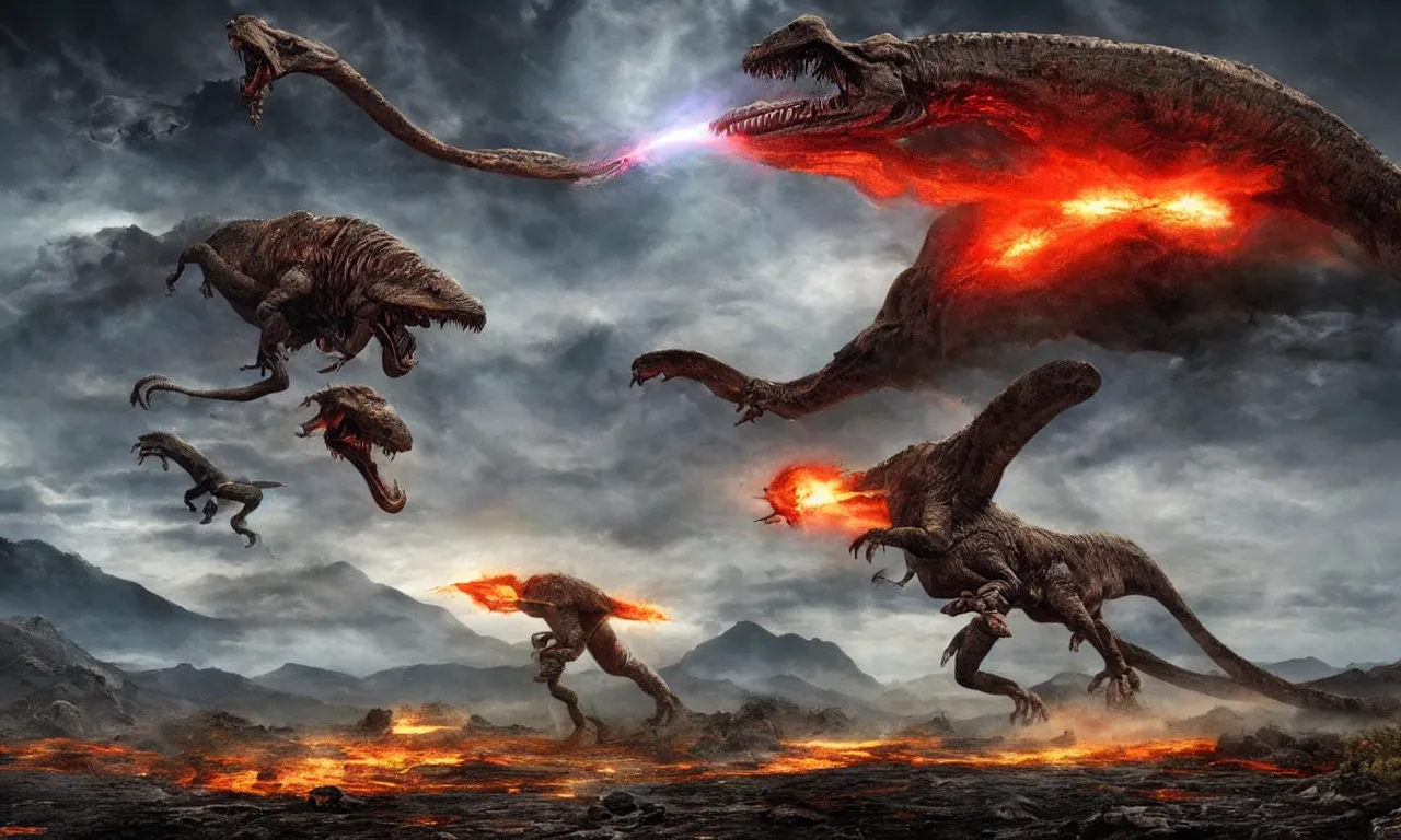 Prompt: prehistoric alien yajuta predator battling a tyrannosaurus, dinosaur slayer, volcanic landscape, dynamic storm clouds vortex, meteor asteroids crashing, epic cinematic matte painting,