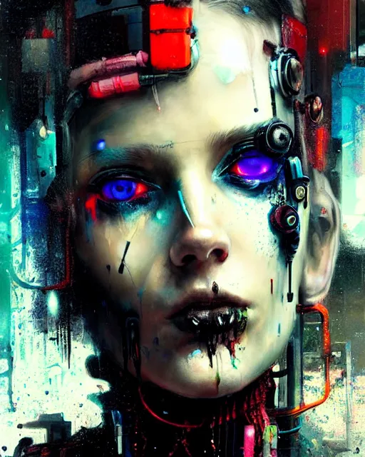 Prompt: a cyberpunk with beautiful eyes wearing futuristic clothing, defiant, passionate, spotlight, paint drips, paint splatter, vibrant colors, dramatic, canvas texture, futuristic clothing, glitch art by carl dobsky and jeremy mann