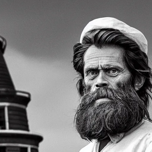 Prompt: Willem Dafoe with a beard in The Lighthouse (2019), high contrast, black and white cinematography
