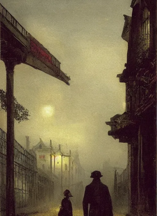 Prompt: 1 9 th century london, dark, shady alleys, pub, pub sign, thick fog, coherent composition, art by caspar david friedrich, thomas lawrence, john martin