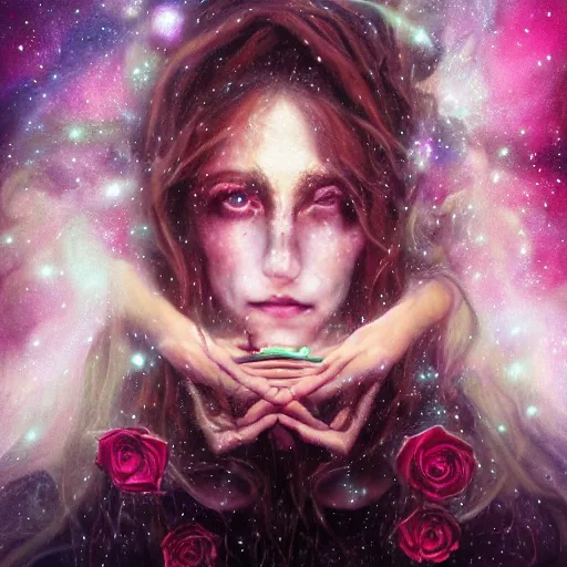 Image similar to Very very very very highly detailed mystic, enigmatic, strange portrait with galaxy, roses, shark's teeth by Brooke Shaden, intricate, extremely detailed, digital painting, artstation, concept art, smooth, sharp focus, illustration, intimidating lighting, incredible art,