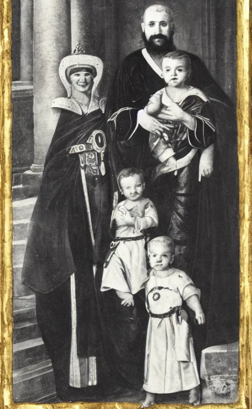 Prompt: photograph of a smiling byzantine emperor with his beloved son and daughter,