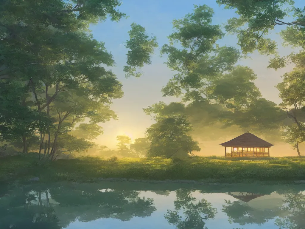 Prompt: a serene landscape with a singular building near a lake at sunrise, reflexion of the sun on the water, ghibli studio, anime style, pixar and disney style, high quality, highly detailed, 8 k, soft lighting, soft colors, path traced, bloom, godrays, complementary colors, natural lighting, beautiful, elegant, breathtaking landscape