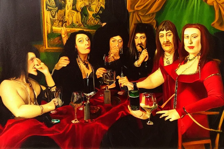 Image similar to glam rockers drinking brutal and raw wine, inside a green room with red lights in renaissance style, sfumato, oil painting