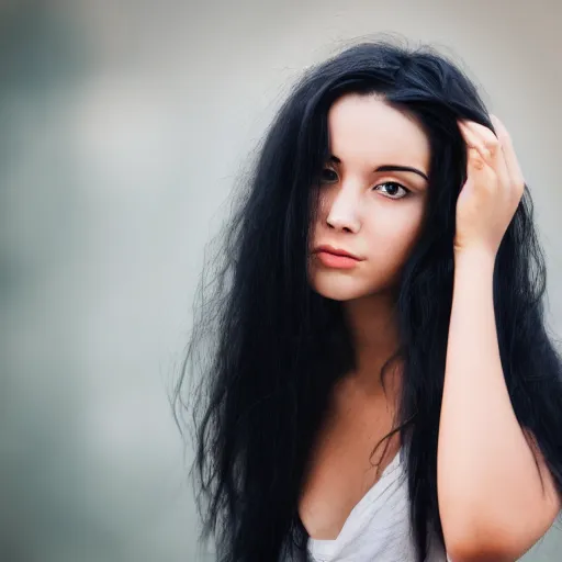 Prompt: young woman with messy long black hair, 1 3 5 mm nikon portrait