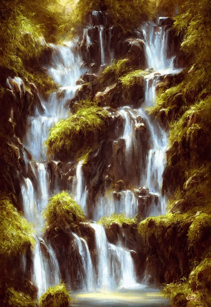 Image similar to a waterfall made out of chocolate by salvador dalli oil on canvas digital art.