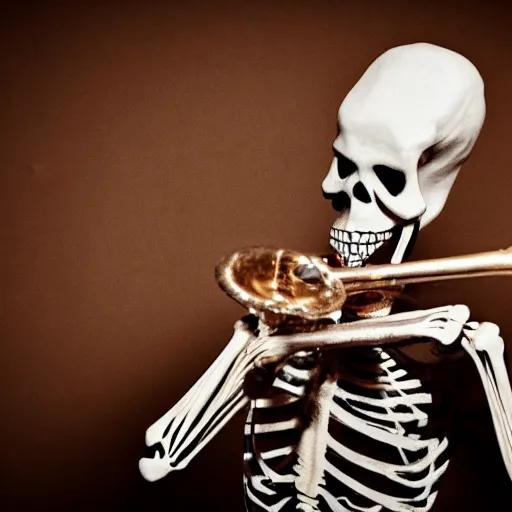 Prompt: Award-winning photo of a skeleton playing the trumpet, 4K, 50mm