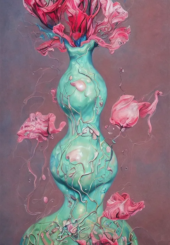 Prompt: a biomorphic painting of a vase with flowers and eyeballs in it, a surrealist painting by marco mazzoni, by dorothea tanning, pastel blues and pinks, lips, melting, plastic, featured on artstation, metaphysical painting, oil on canvas, fluid acrylic pour art, airbrush art, seapunk, rococo, lovecraftian