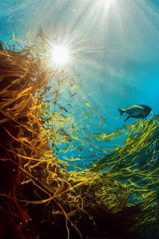 Prompt: beautiful photo of a cod swimming amongst kelp underwater in clear water with rays of sunshine