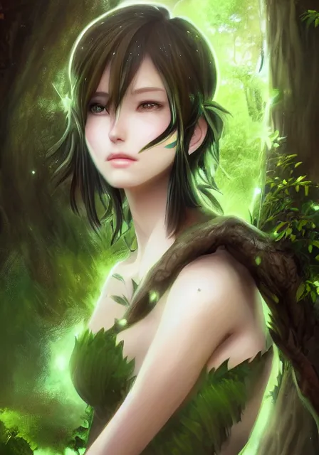 Image similar to A realistic anime portrait of a beautiful dryad with glowing green eyes and tree bark skin wearing clothes made of leaves, from Skyrim, digital painting, by Stanley Artgerm Lau, Sakimichan, WLOP and Rossdraws, digtial painting, trending on ArtStation, SFW version