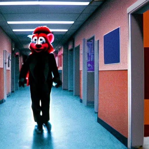 Prompt: movie still of chuck e cheese standing creepily in a empty hallway, dark energy, 4 k, directed by todd philips