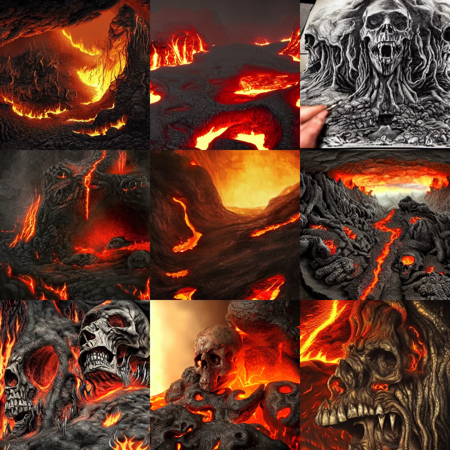 Prompt: hell, lava, fire, cave, rocky, dimmed light, demons, bones, skulls, insanely detailed and intricate, hyper realistic, super detailed, moody