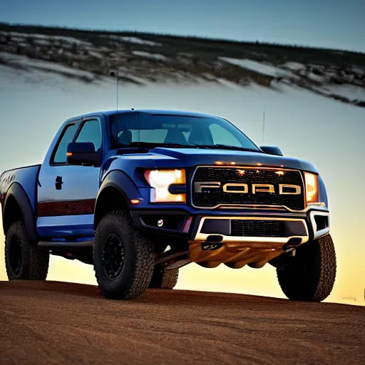 Image similar to a highly detailed photo of a ford raptor in alberta at sundown, 4 k high - resolution photograph, ultra detail, hd photo