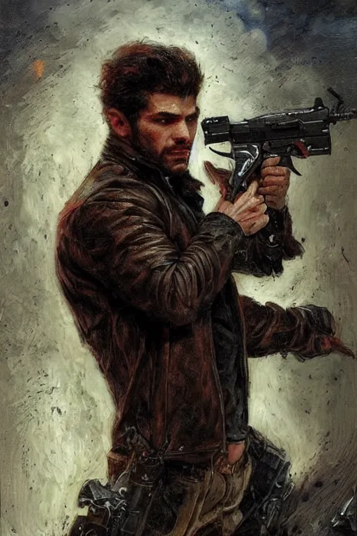 Image similar to a thirty - five year old contract killer named cobalt. he wears a brown leather jacket. he has a burn scar up the side of his face. art by gaston bussiere.