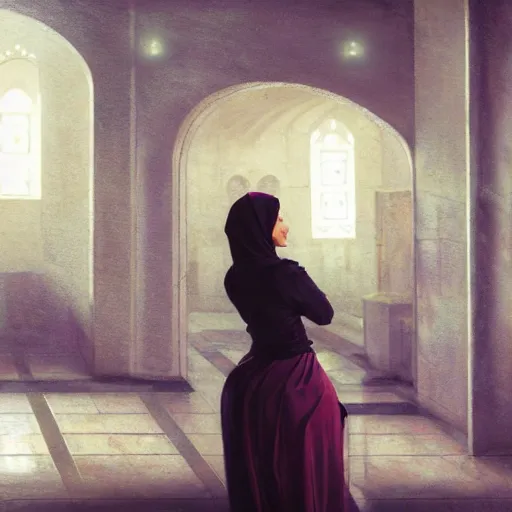 Image similar to detailed face of a woman, moment, courtyard, capital, cyberpunk mosque interior, control panel, watcher, omniscient, tech noir, wet reflections, atmospheric, ambient, speed painting, livia prima, greg rutkowski, edward hopper