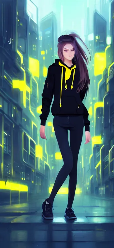 Image similar to a vtuber model concept art of a beautiful girl in a black and yellow hoodie looking on a smartphone in her hand, blue eyes, long hair, full body art, futuristic city background, artstation, digital art, commission art, style by jordan grimmer and greg rutkowski, 4 k resolution