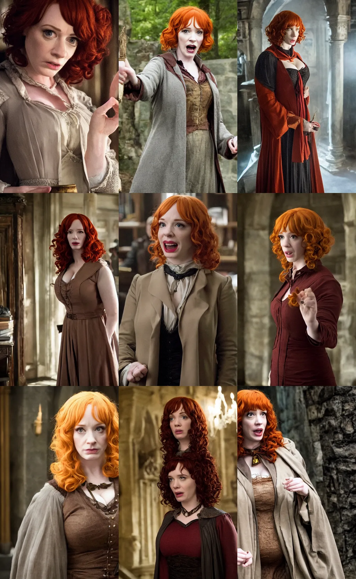 Prompt: movie still of shocked surprised christina hendricks cosplaying as harry potter from the deathly hallows, directed by david yates