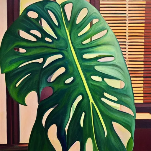 Prompt: “painting of a monstera plant, beams of sunlight streaming through the window, oil on canvas, hd”