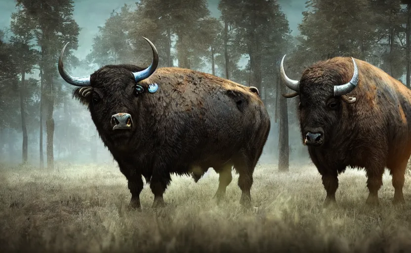 Image similar to a cyborg buffaloes in a post apocalyptic swamp, photorealistic render