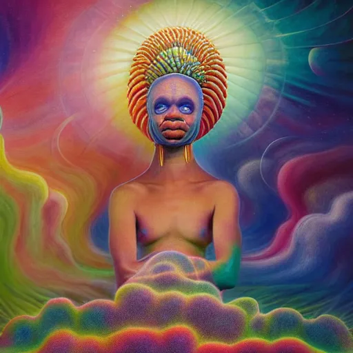 Image similar to obatala the cosmic god sitting in a cabana made of nebula clouds, by Adi granov and afarin sajedi and amanda sage and evgeni gordiets and Agostino Arrivabene in a psychedelic portrait style, ultrarealistic matte painting, volumetric lighting, fractal, extremely symmetrical, highly detailed face, orisha, 8k, hd