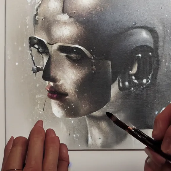 Prompt: robot artist painting a self - portrait on a canvas. intricate, highly detailed, photorealistic, film still, by greg rutkowski.