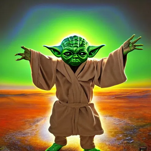 Image similar to portrait ultra dimensional baby yoda tripping on dmt, psychedelic experience, overwhelming self realization and awakening, ultra high definition, unreal engine 5, hyperrealism, masterpiece composition, surrealism by alex grey, salvador dali 8 k photorealistic