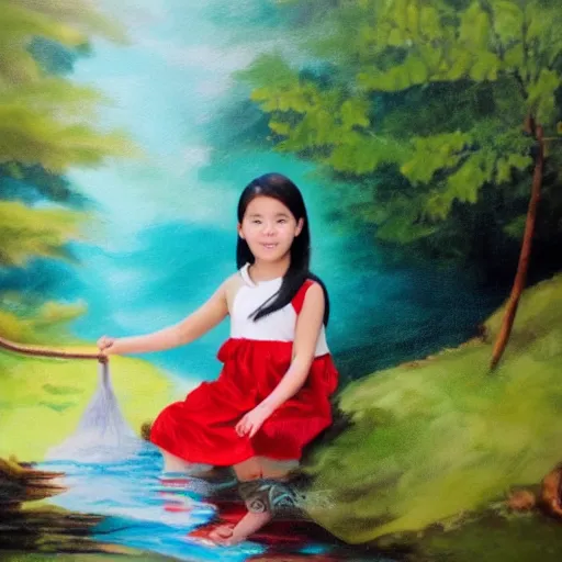 Prompt: 7 years old rina playing with the water, wearing white cloths, and a red bow in her hair, sitting by the side of a creek, in the painting style of comic books, 8 k, detailed, tele photo lens, rule of thirds