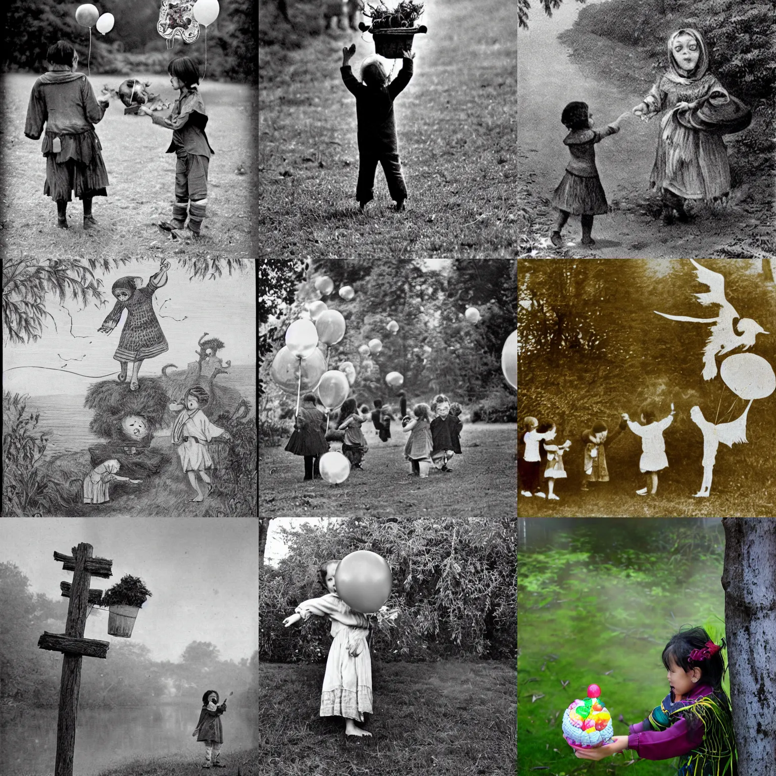 Prompt: Formed by the spirits of people and animals. It loves damp, humid seasons. It tugs on the hands of children to steal them away.Because of the way it floats aimlessly, an old folktale calls it a Signpost for Wandering Spirits. Children holding them sometimes vanish. It is whispered that any child who mistakes it for a balloon and holds on to it could wind up missing. Its round body is stuffed with souls and expands each time it leads someone away. If for some reason its body bursts, its soul spills out with a screaming sound. Said to lure away young children and carry them off to the afterlife.