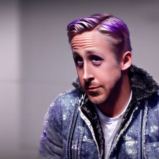 Prompt: Ryan Gosling with silver-violet hair, white eyes inflated press and denim glittery vest, wide lens, diorama, 4k,