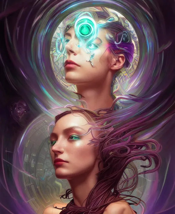 Prompt: a whirlwind of souls rushing inside the metaverse, half body, jewelry, hologram, dreads, android, cyborg, cyberpunk face, by loish, d & d, fantasy, intricate, elegant, highly detailed, colorful, vivid color, digital painting, artstation, concept art, art by artgerm and greg rutkowski and alphonse mucha