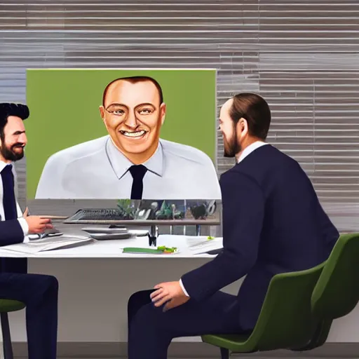 Image similar to hyperrealistic painting image where 3 happy businessmen appear in a business meeting