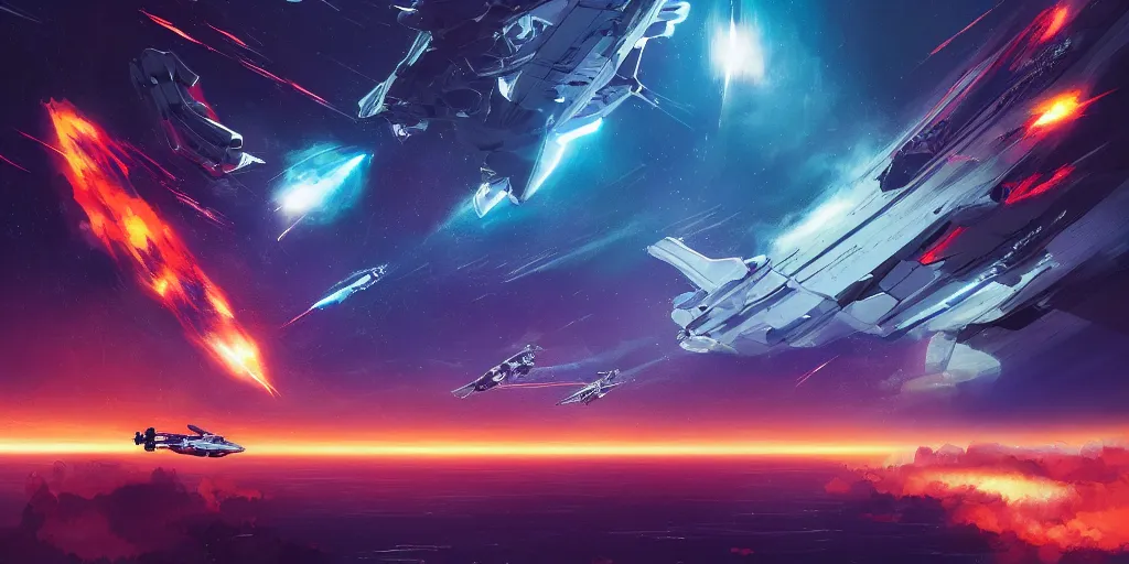 Prompt: an epic spaceship battle in low earth orbit between two waring factions, explosions. cinematic. stunning, gorgeous, intricate detail, alena aenami, masterpiece, 4 k.