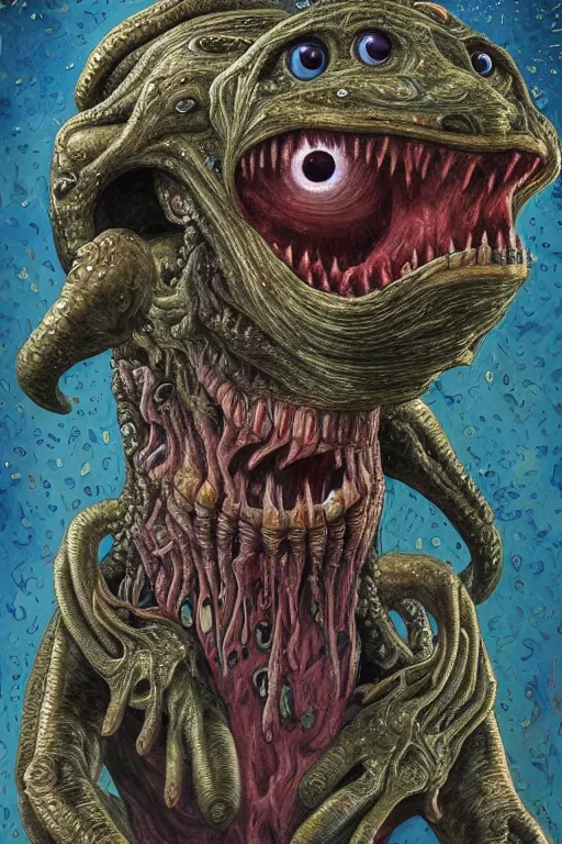 Prompt: a hyper - detailed painting of a deformed alien with various eyes, legs and arms, with skin with scales and strange textures, his mouth is open and they are screaming, from his mouth come out various chaotic monsters seeking revenge on evil humans and enslaving aliens