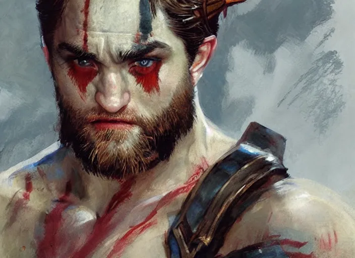 Image similar to a highly detailed beautiful portrait of robert pattison as kratos, by gregory manchess, james gurney, james jean