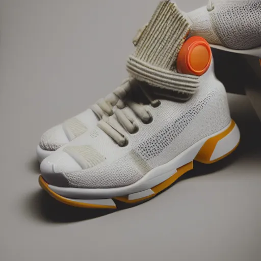 Prompt: a studio photoshoot of Nike sneakers designed by Tom Sachs, knitted material, gum rubber outsole, realistic, color film photography by Tlyer Mitchell, 35 mm, graflex