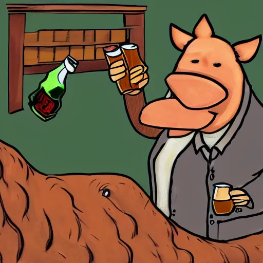 Image similar to an anthropomorphic boar drinking beer