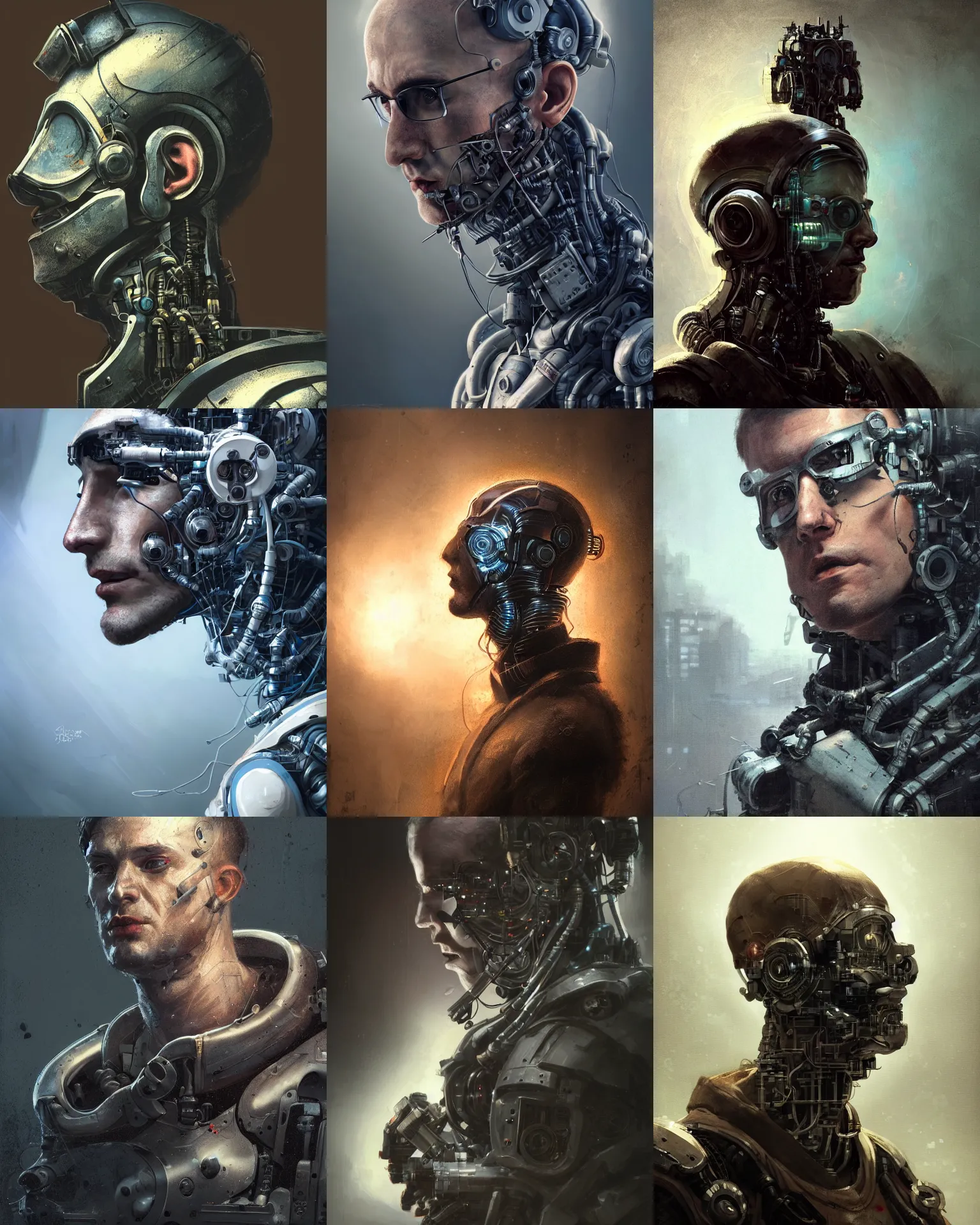 Image similar to a half - masked rugged young laboratory engineer man with cybernetic enhancements as seen from a distance, scifi character portrait by greg rutkowski, esuthio, craig mullins, 1 / 4 headshot, cinematic lighting, dystopian scifi gear, gloomy, profile picture, mechanical, half robot, implants, steampunk