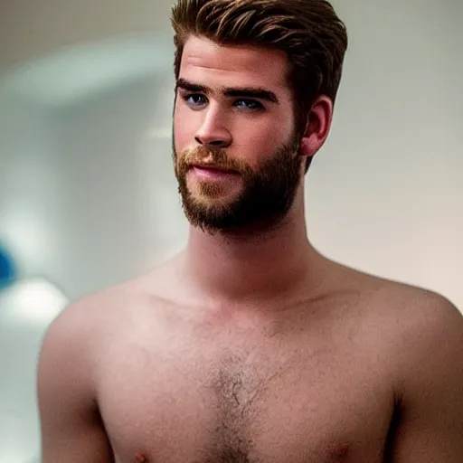 Image similar to “ a realistic detailed photo of a guy who is an attractive humanoid who is half robot and half humanoid, who is a male android, actor liam hemsworth, shiny skin, posing like a statue, blank stare, at the museum, on display ”