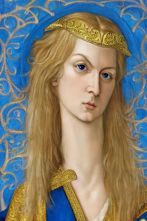 Prompt: hyper - realistic close - up mythological portrait of a medieval blonde with a huge amount of color in the сaravaggisti style, pale skin, in a silver silk robe, blue palette