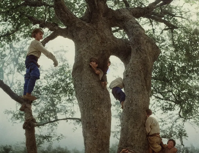 Image similar to two peasant boys climbing a tree, country style, Low angle view, Cottage core, Cinematic focus, Polaroid photo, vintage, neutral colors, soft lights, foggy, by Steve Hanks, by Serov Valentin, by lisa yuskavage, by Andrei Tarkovsky, by Terrence Malick, 8k render, detailed, oil on canvas High angle view, wide shot